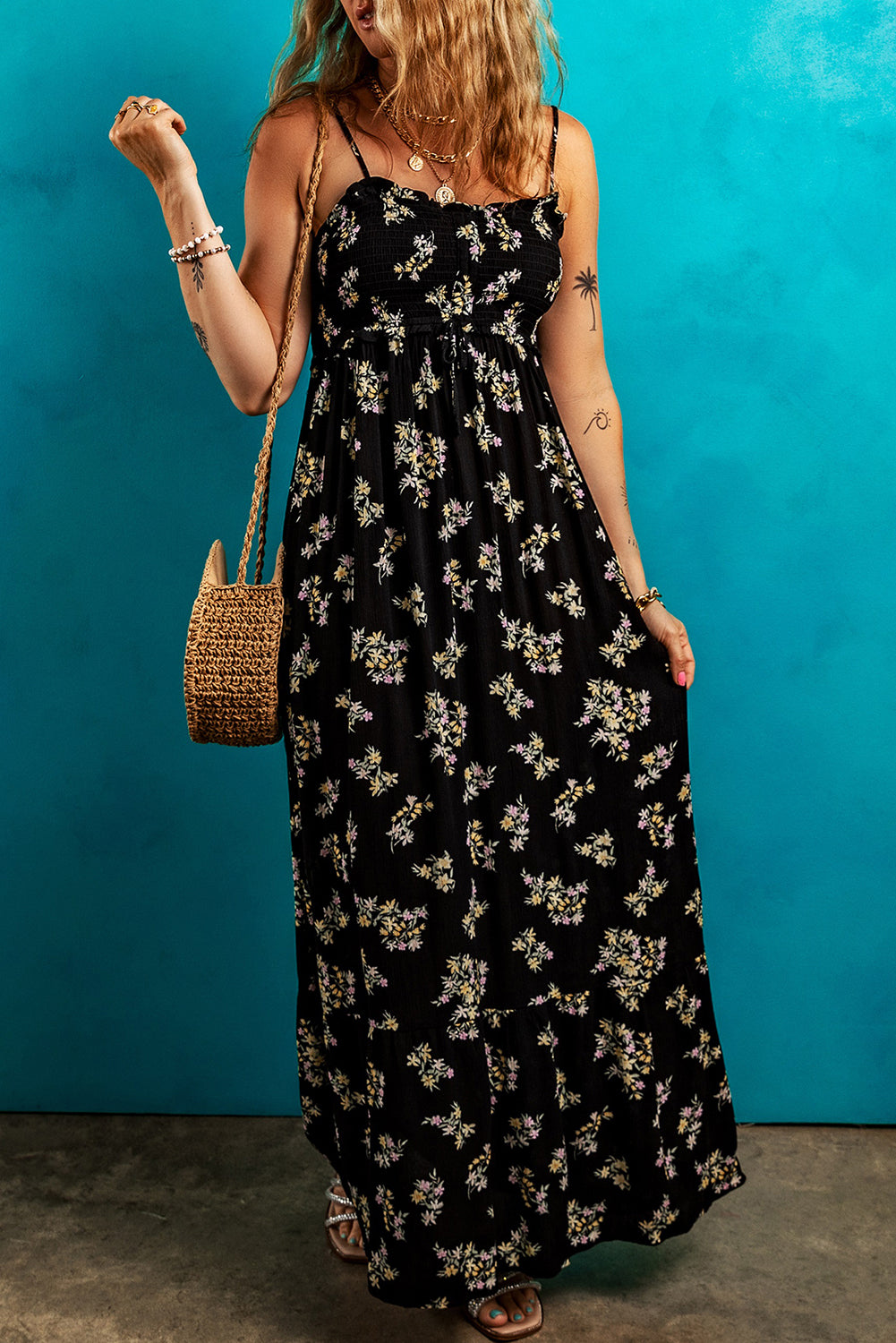 Black Floral Spaghetti Strap Shirred Bodice Tied Empire Waist Maxi Dress Black / L / 100%Viscose by Blue Zone Planet Black Floral Spaghetti Strap Shirred Bodice Tied Empire Waist Maxi Dress Black / L / 100%Viscose by Blue Zone Planet