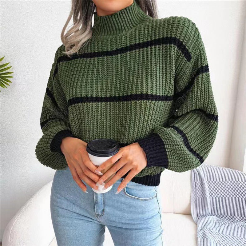 Striped Balloon Sleeve Turtleneck Sweater BLUE ZONE PLANET