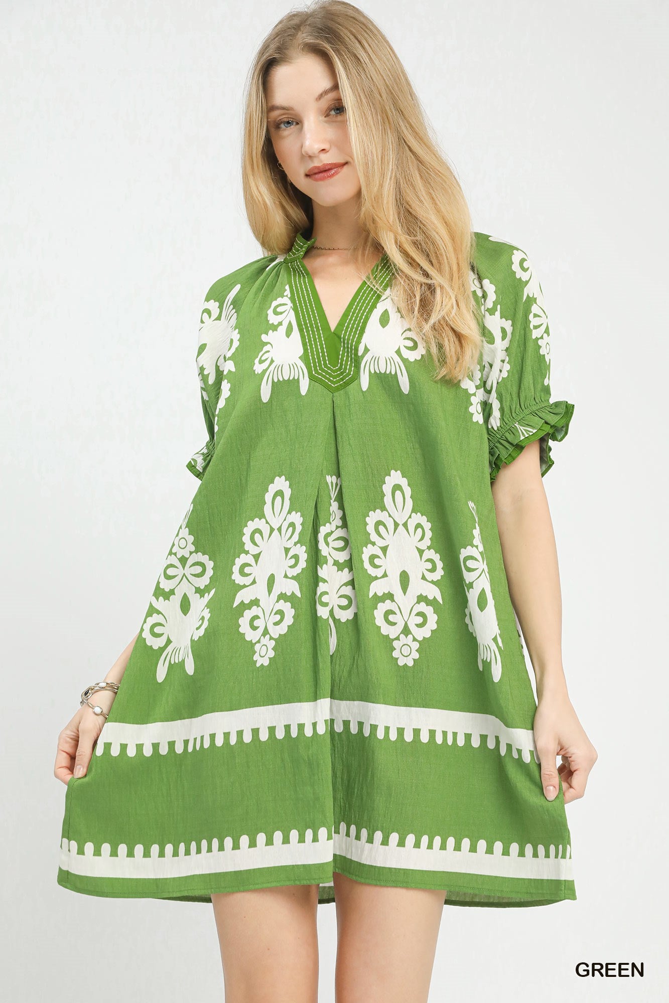 Umgee Two Tone Border Print Mini Dress GREEN / S