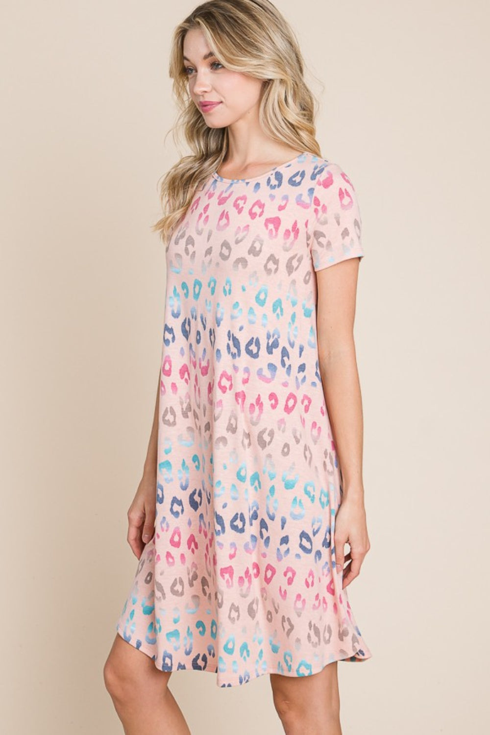 Blue Zone Planet | BOMBOM Leopard Round Neck Short Sleeve Dress BLUE ZONE PLANET