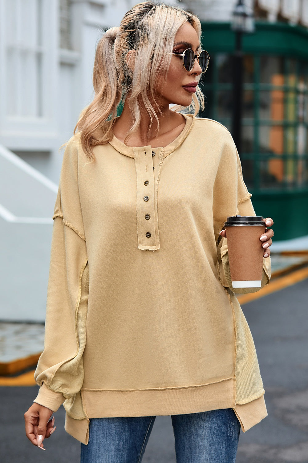 Buttoned Dropped Shoulder Sweatshirt BLUE ZONE PLANET