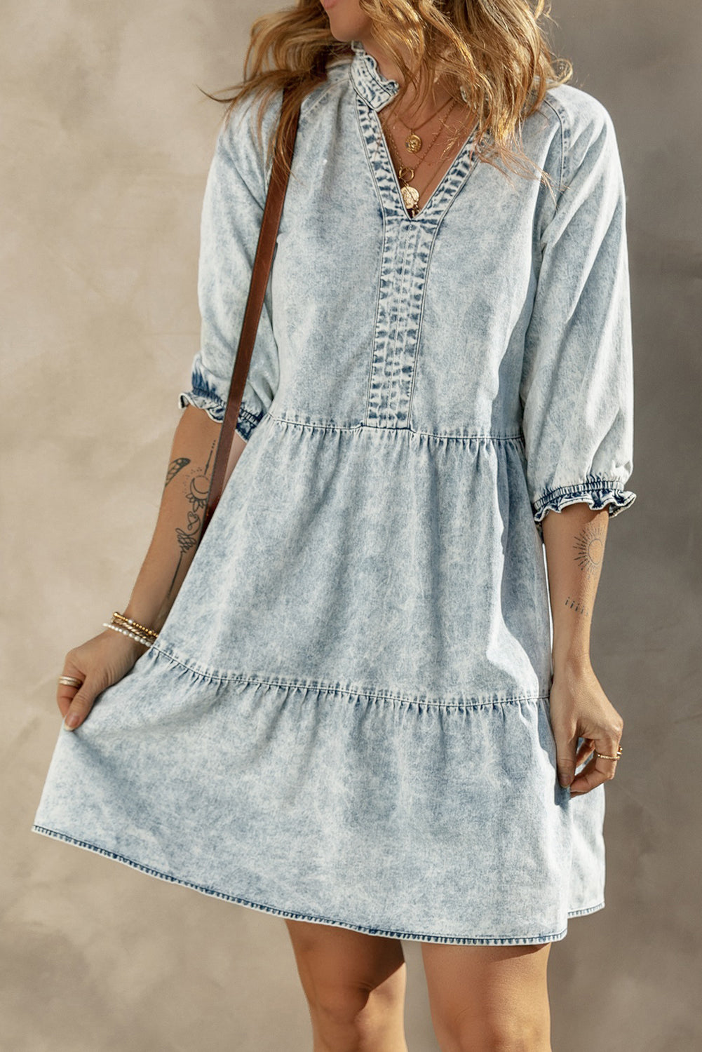 Blue Zone Planet | Dusk Blue Acid Wash Retro Half Sleeve Flared Denim Dress Blue Zone Planet