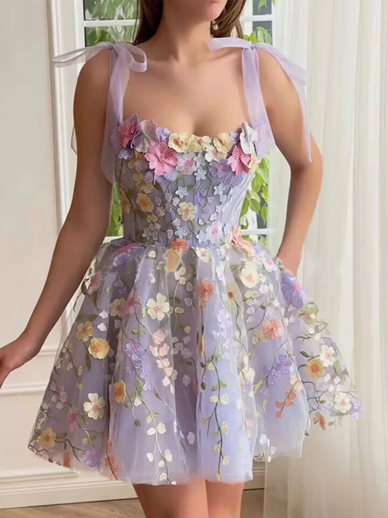tie shoulder mini dress Laura's Floral Applique Garment Measurements How to Color:Light Pink Floral BeachDress Eileen Fisher - Women's