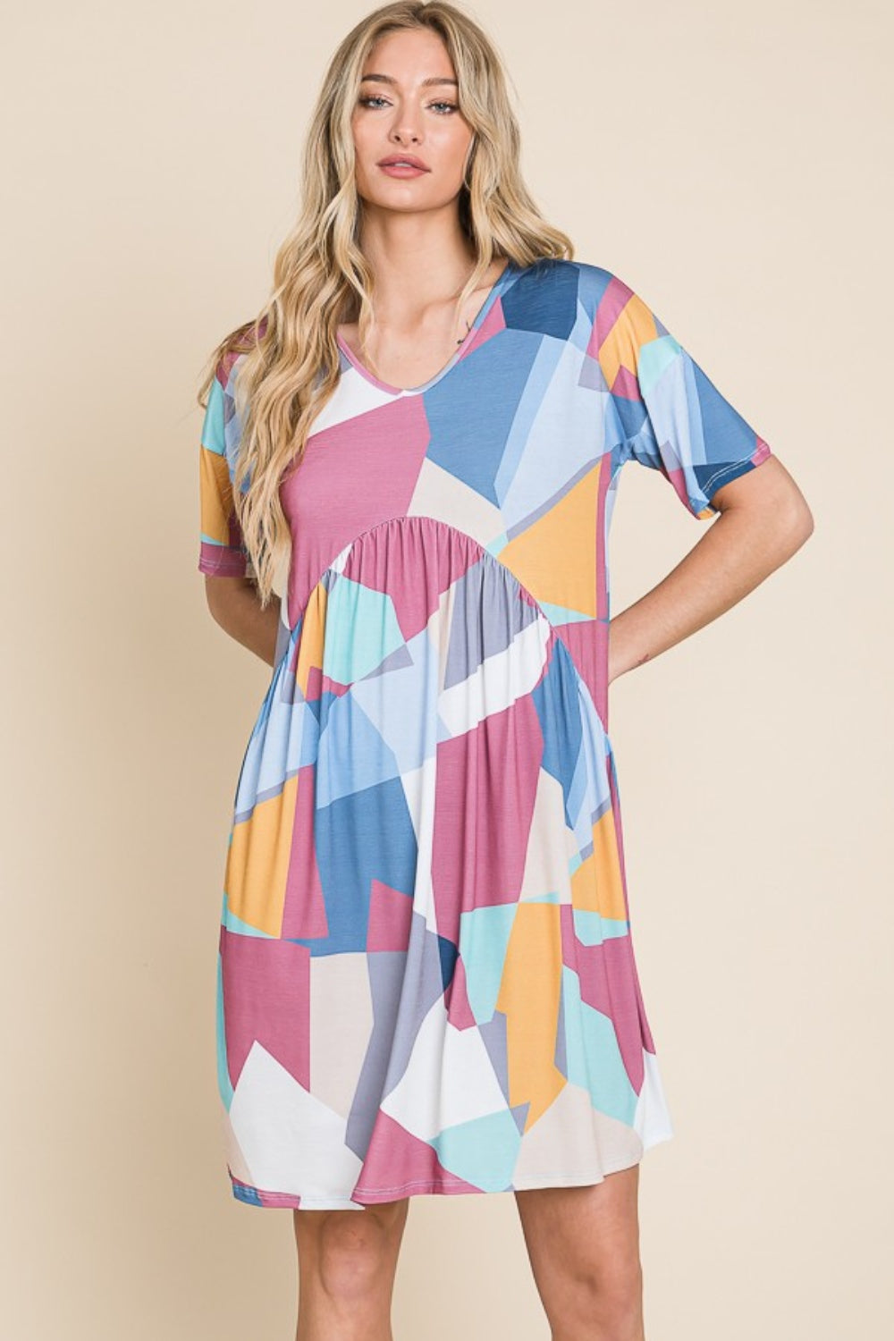 Blue Zone Planet | BOMBOM Ruched Color Block Short Sleeve Dress BLUE ZONE PLANET