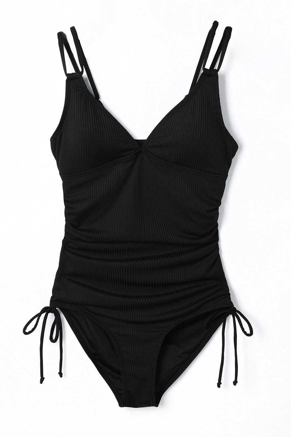 Blue Zone Planet | Black Adjustable Straps Ribbed Knit One Piece Swimsuit Blue Zone Planet