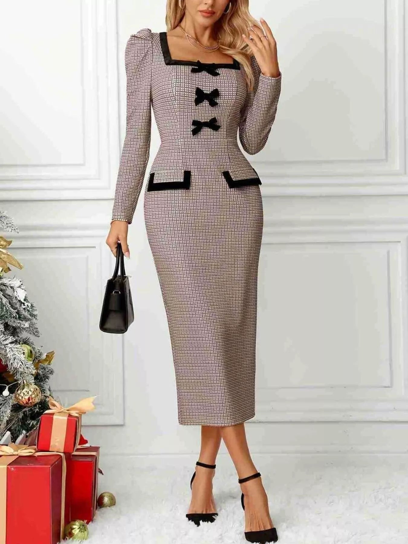 Houndstooth Bow Square Neck Dress Khaki / L by Blue Zone Planet Houndstooth Bow Square Neck Dress Khaki / L by Blue Zone Planet
