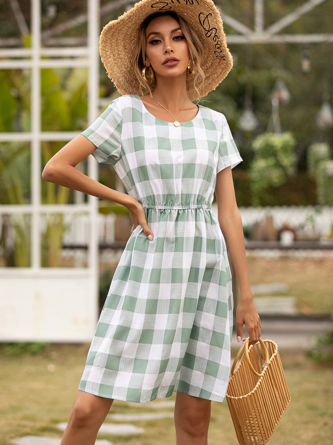 Blue Zone Planet | Smocked Plaid Round Neck Short Sleeve Dress BLUE ZONE PLANET
