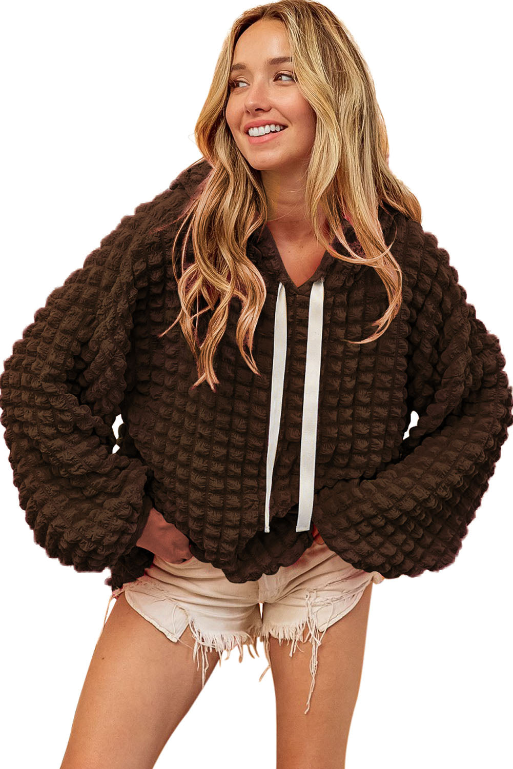 Blue Zone Planet | Dark Brown Bubble Textured Waffle Hoodie Blue Zone Planet