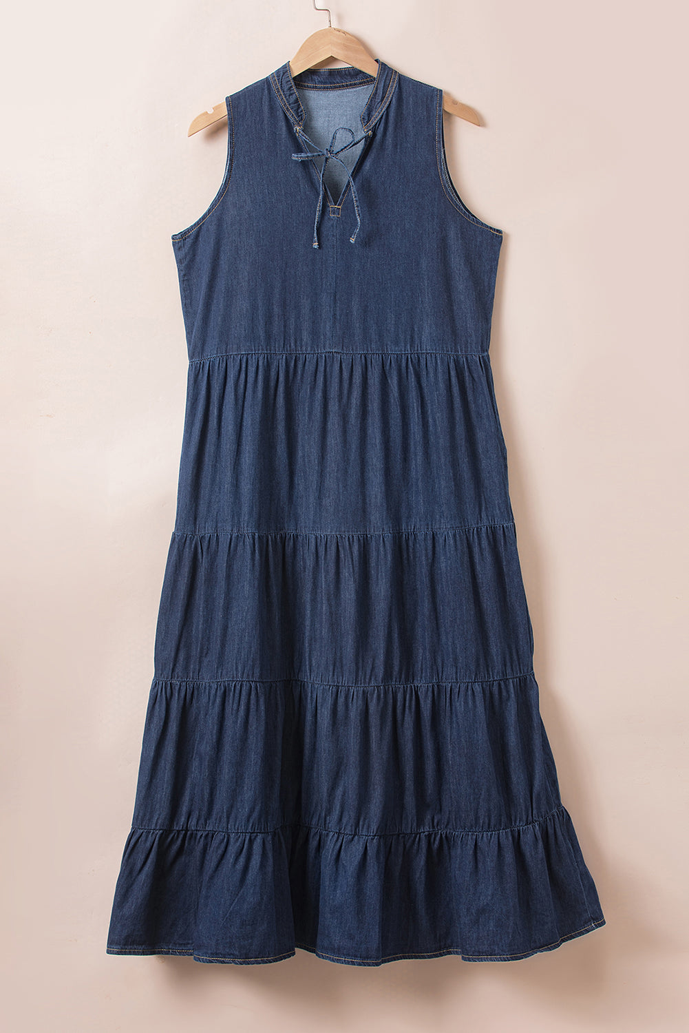 Real Teal Sleeveless Tiered Chambray Maxi Dress Blue Zone Planet