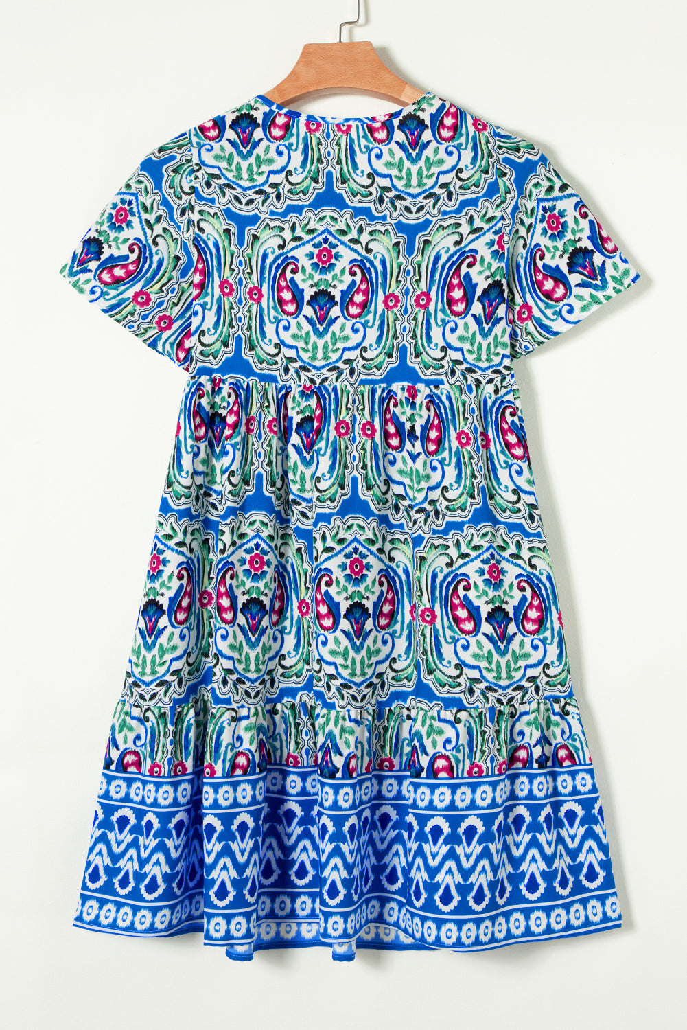 Blue Zone Planet | Pink Bohemian Print Tie Neck Ruffle Hem Short Dress Blue Zone Planet