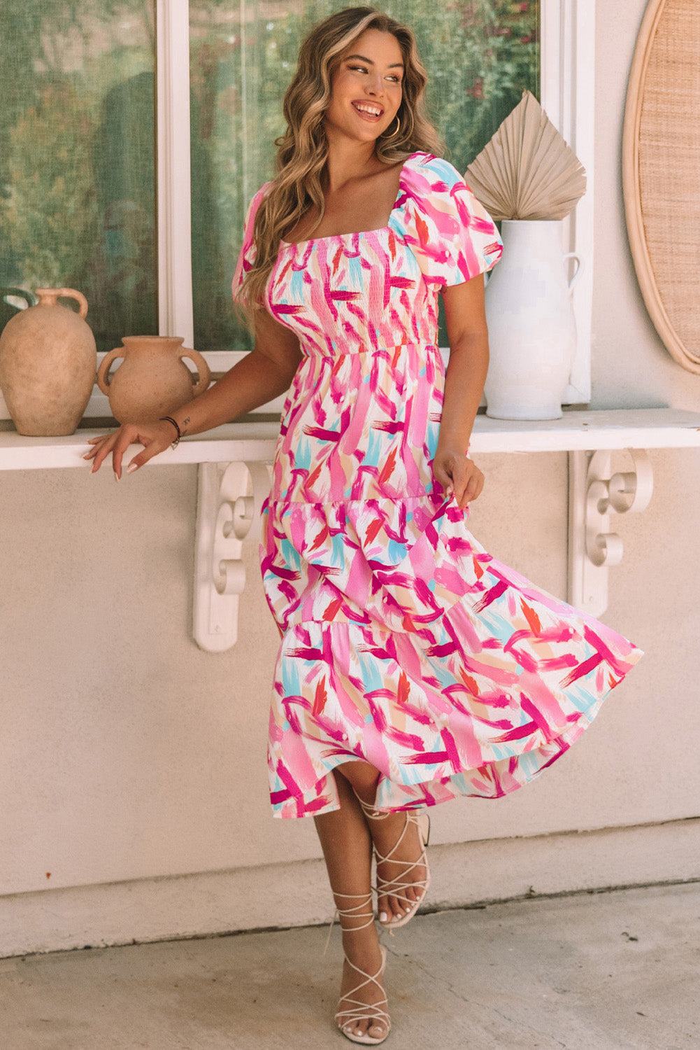 Pink Brush Stroke Printed Smocked Ruffle Tiered Dress Blue Zone Planet