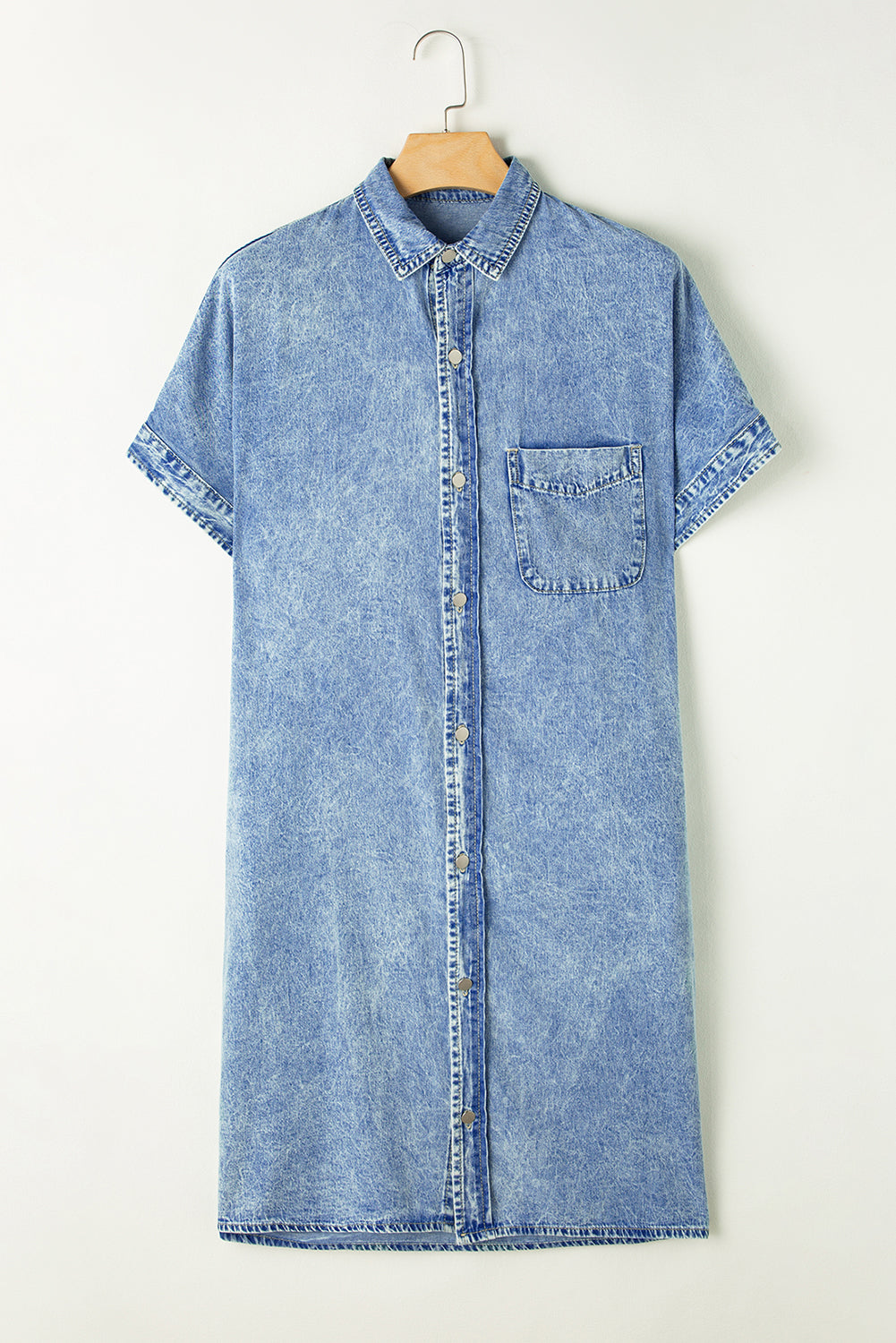 Light Blue Loose Medium Wash Short Sleeve Shirt Chambray Dress Blue Zone Planet