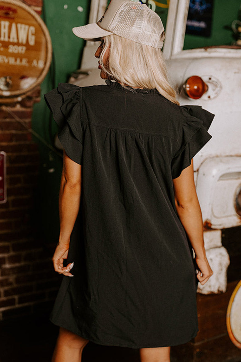 Blue Zone Planet | Black Ruffle Sleeve V Neck Frilled Shift Dress Blue Zone Planet