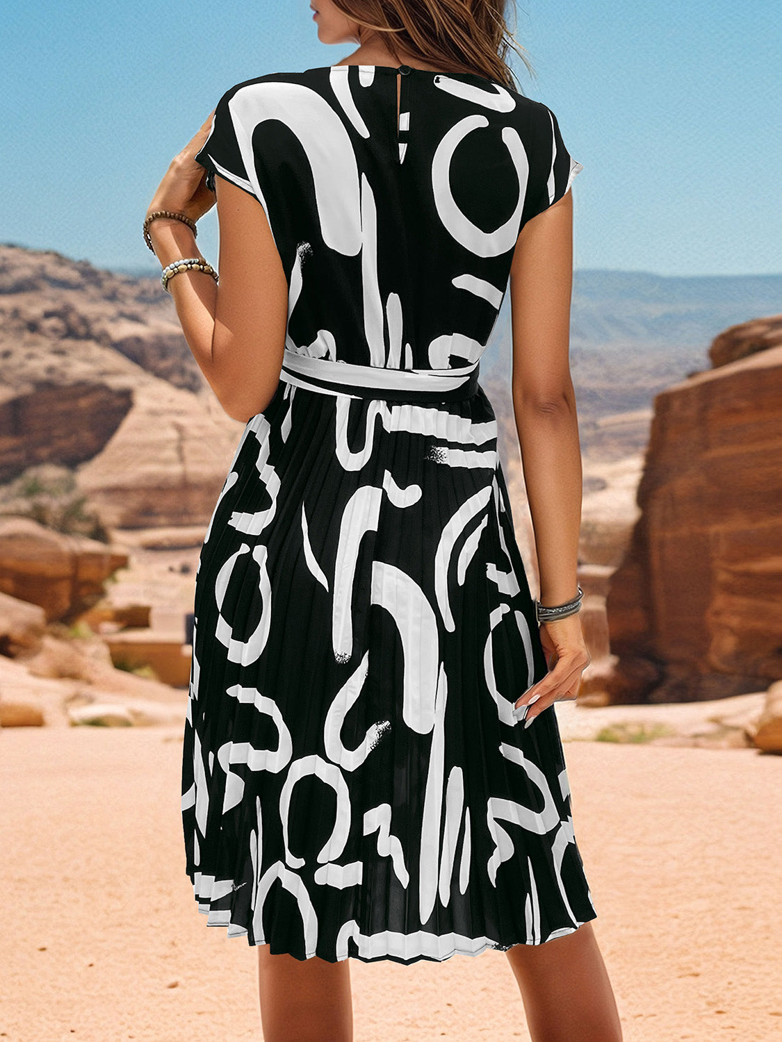 Blue Zone Planet | Printed Cap Sleeve Tie Waist Dress BLUE ZONE PLANET