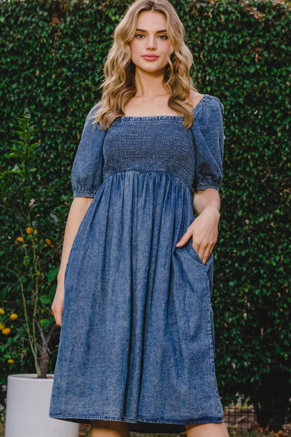 Blue Zone Planet | ODDI Full Size Washed Smocked Puff Sleeve Dress BLUE ZONE PLANET