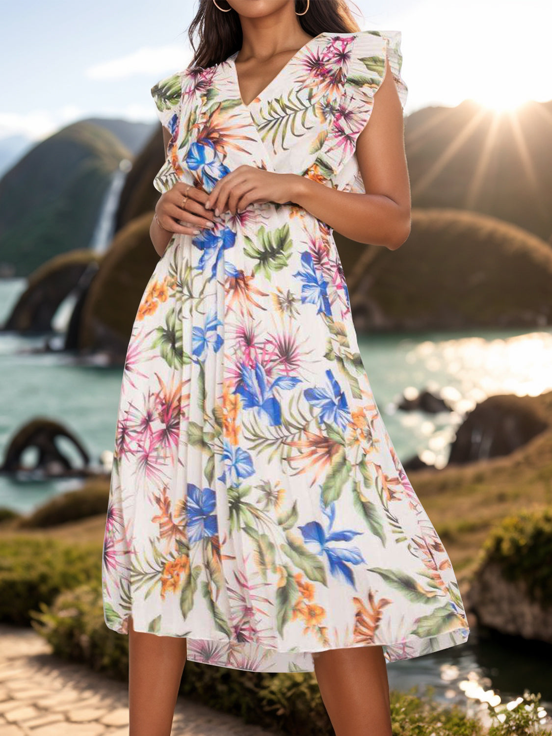 Blue Zone Planet | Ruffled Printed Surplice Cap Sleeve Dress BLUE ZONE PLANET