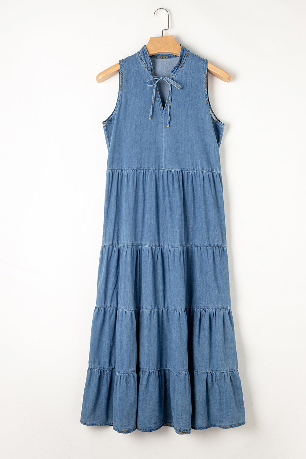Real Teal Sleeveless Tiered Chambray Maxi Dress Blue Zone Planet