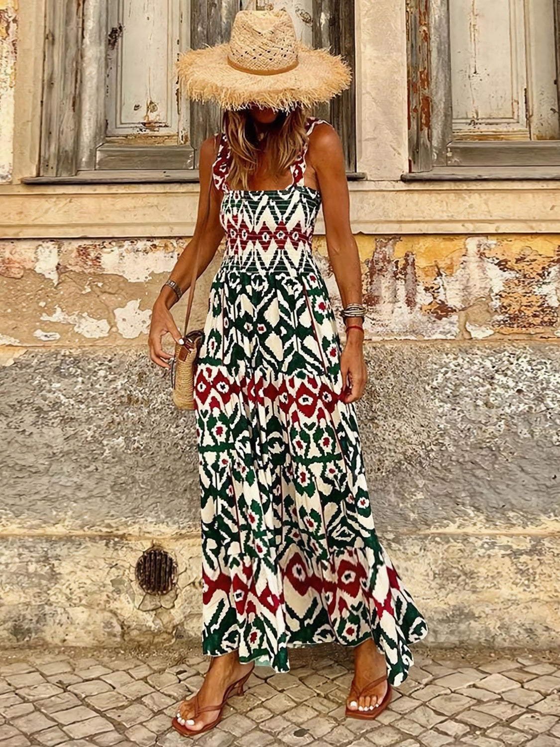 Smocked Printed Square Neck Sleeveless Dress BLUE ZONE PLANET