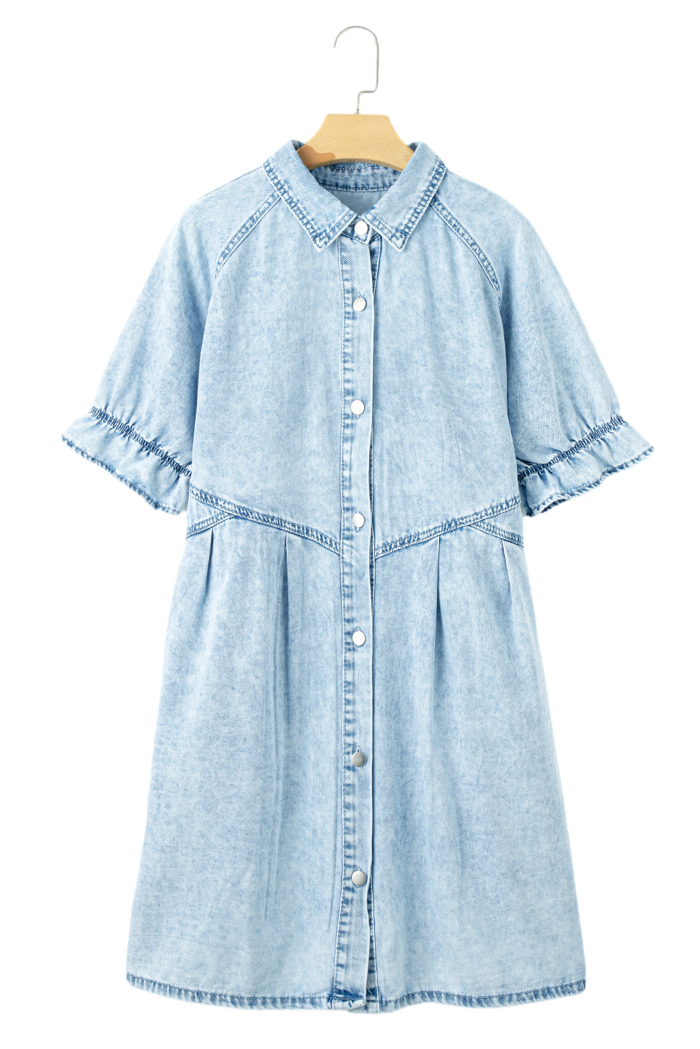 Blue Zone Planet |  Beau Blue Mineral Wash Ruffled Short Sleeve Buttoned Denim Dress Blue Zone Planet
