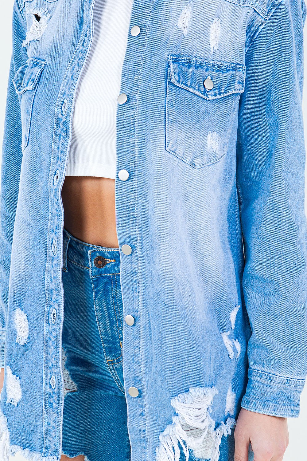 Blue Zone Planet | American Bazi Frayed Hem Distressed Denim Shirt Jacket BLUE ZONE PLANET