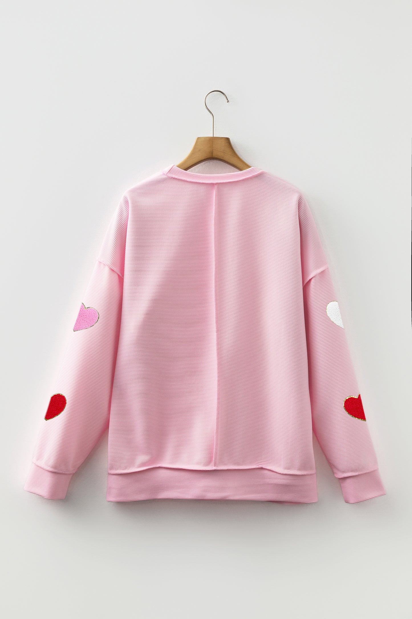Pink Ribbed Texture Chenille Heart Glitter Trim Patched Long Sleeve Top