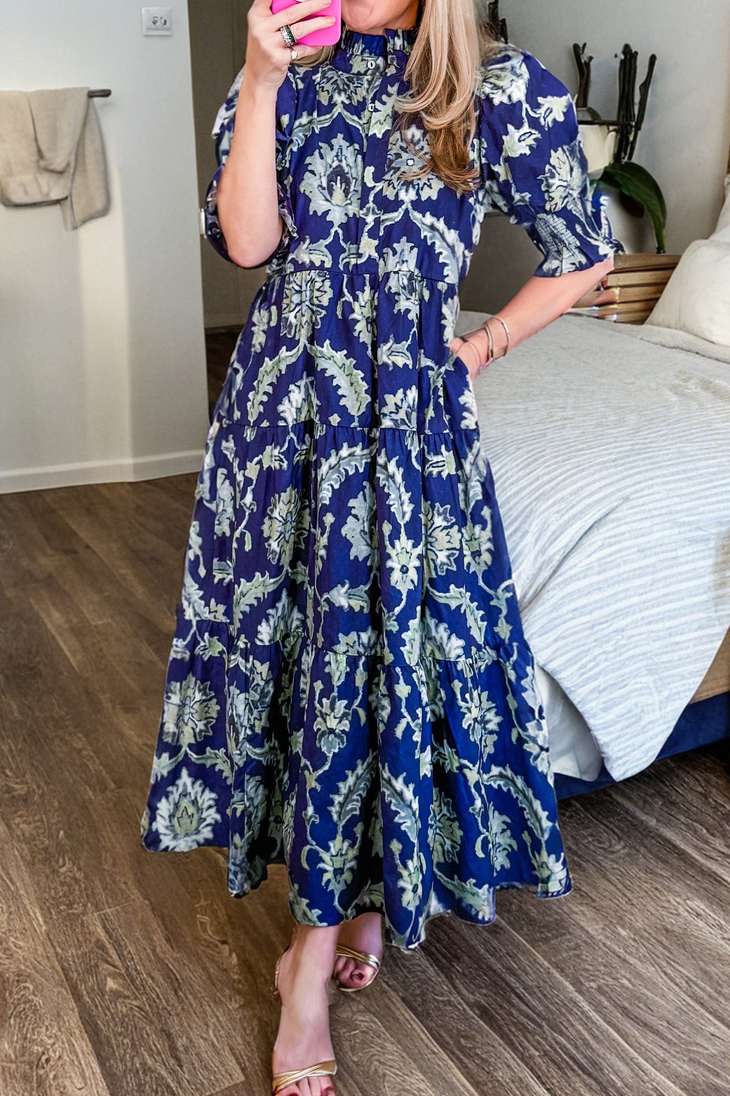 Blue Wild Floral Print Frilled Collar Half Sleeve Long Dress Blue / L / 100%Viscose by Blue Zone Planet