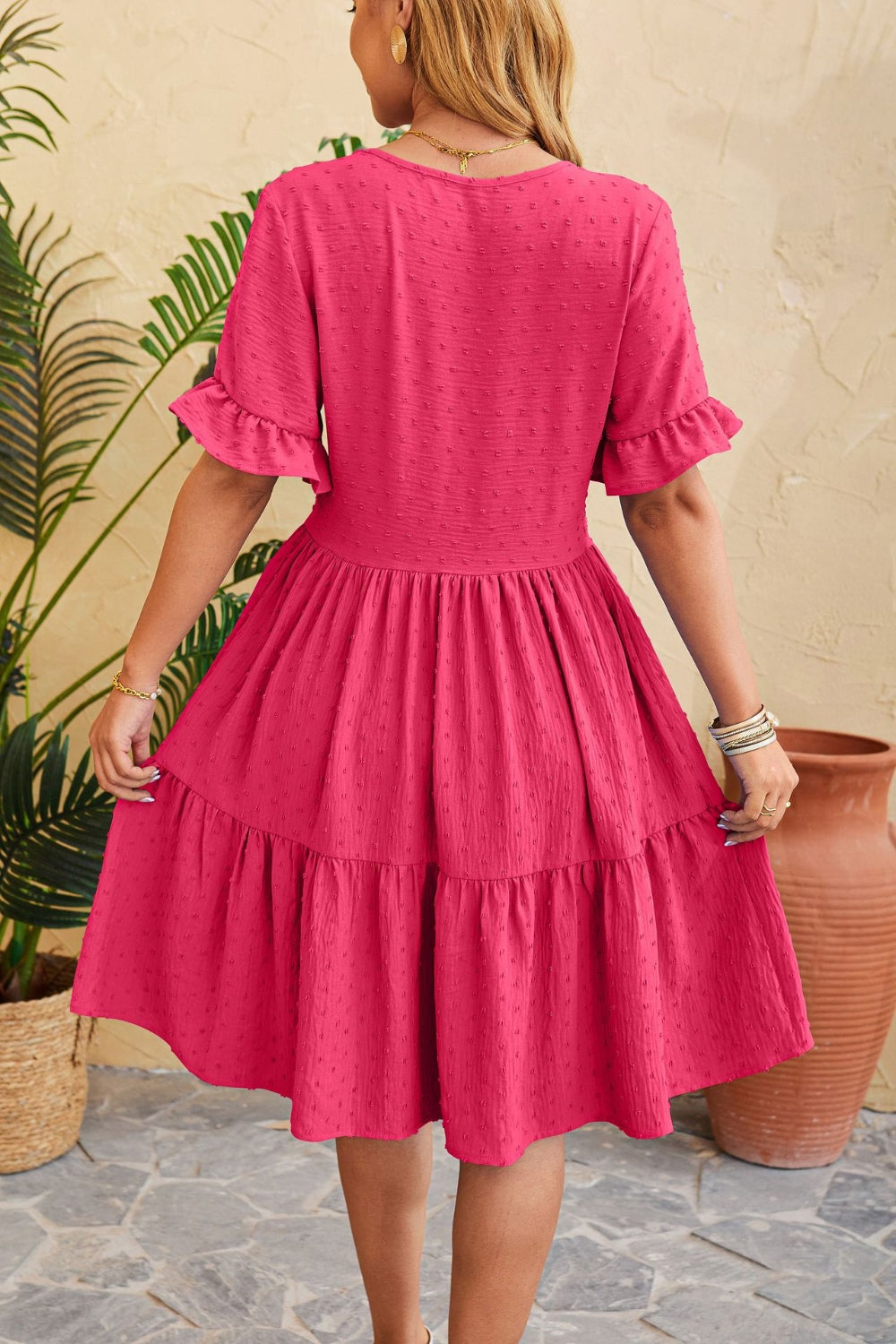Blue Zone Planet | Swiss Dot Ruffled V-Neck Tiered Dress BLUE ZONE PLANET