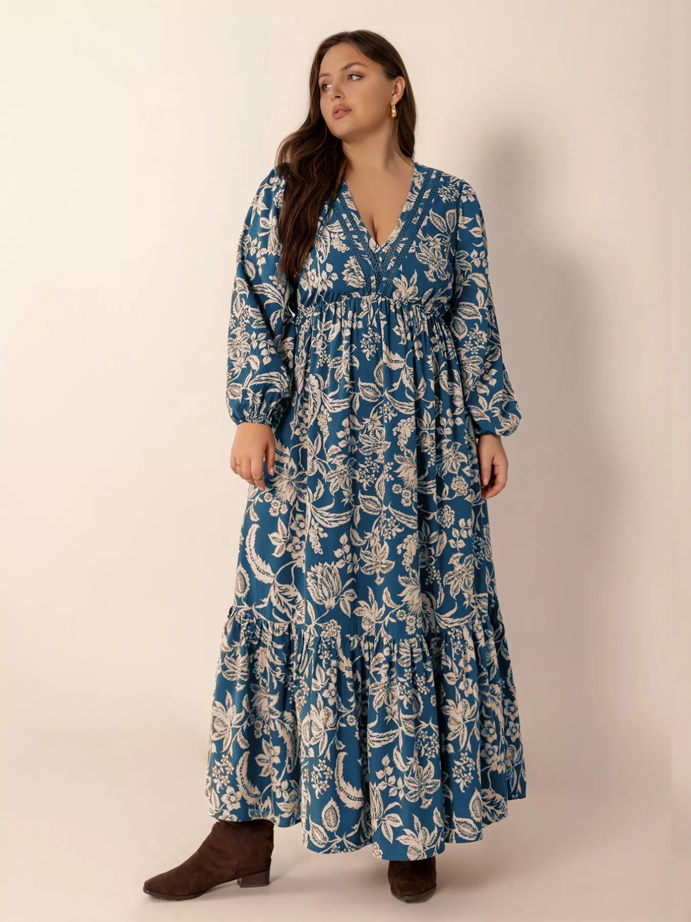boho plus size floral dress Ceyna Plus Size Bohemian Style Vintage Floral Patchwork Ruffle Trim Dress