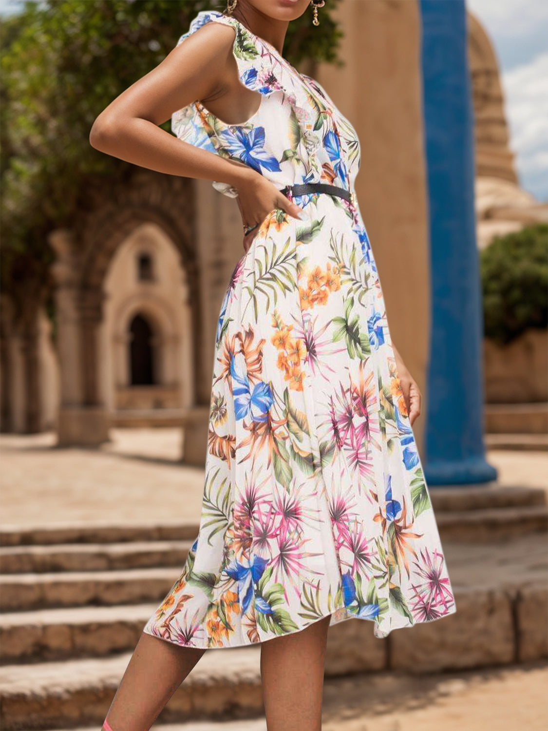 Blue Zone Planet | Ruffled Printed Surplice Cap Sleeve Dress BLUE ZONE PLANET