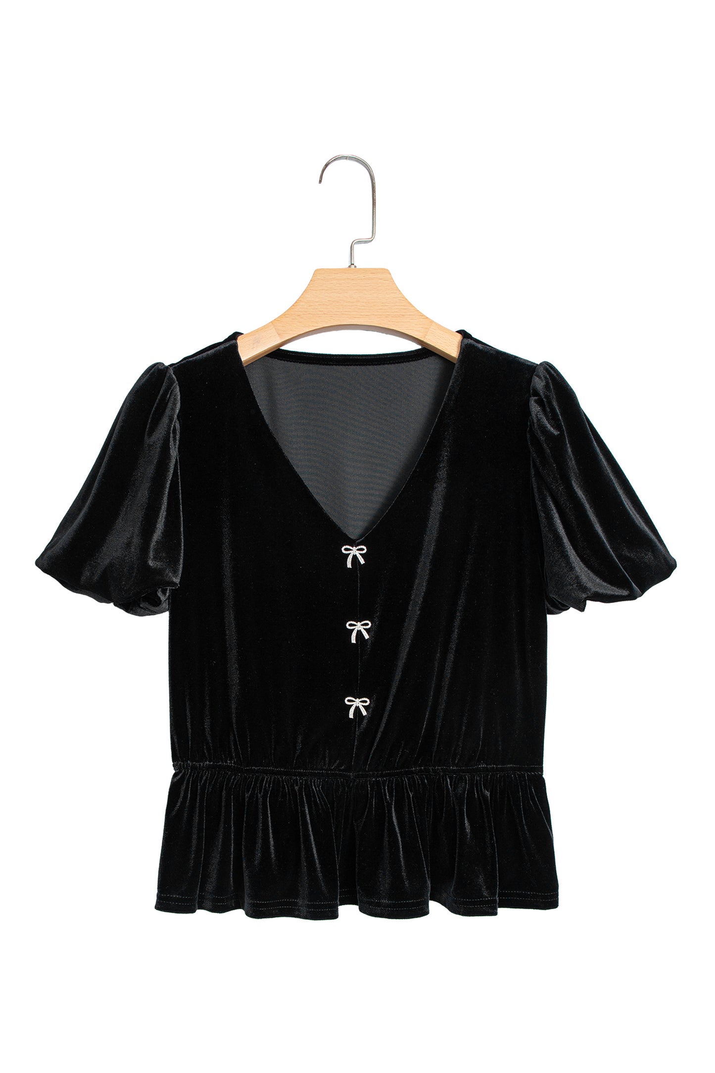 Black V Neck Bow Decoration Peplum Hem Shift Silhouette Short Sleeve Blouse