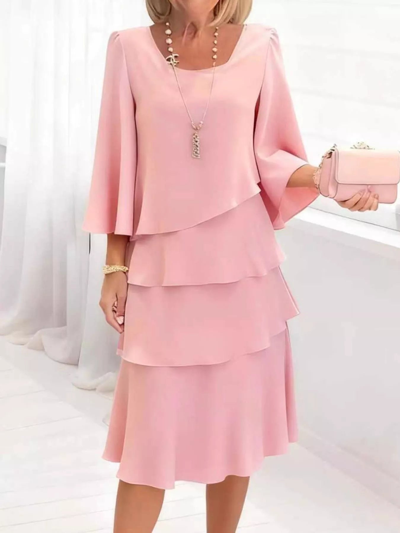 knee length dresses for ladies Full Size Ruffled Layered 3/4 Sleeve Dress Plus Size Blush Pink / S