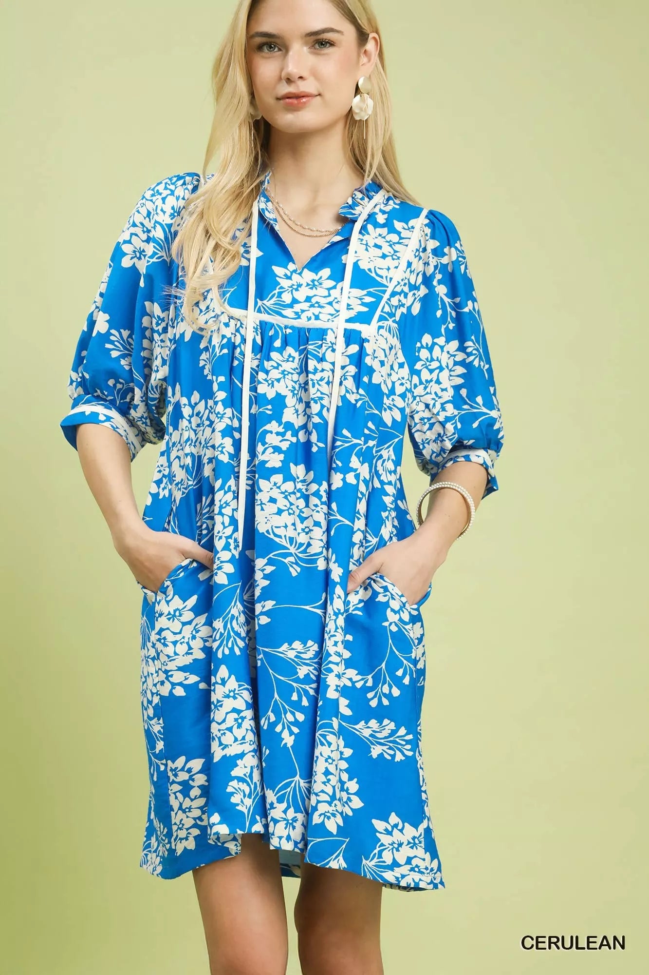 Umgee Floral Babydoll Dress with Pockets CERULEAN / S