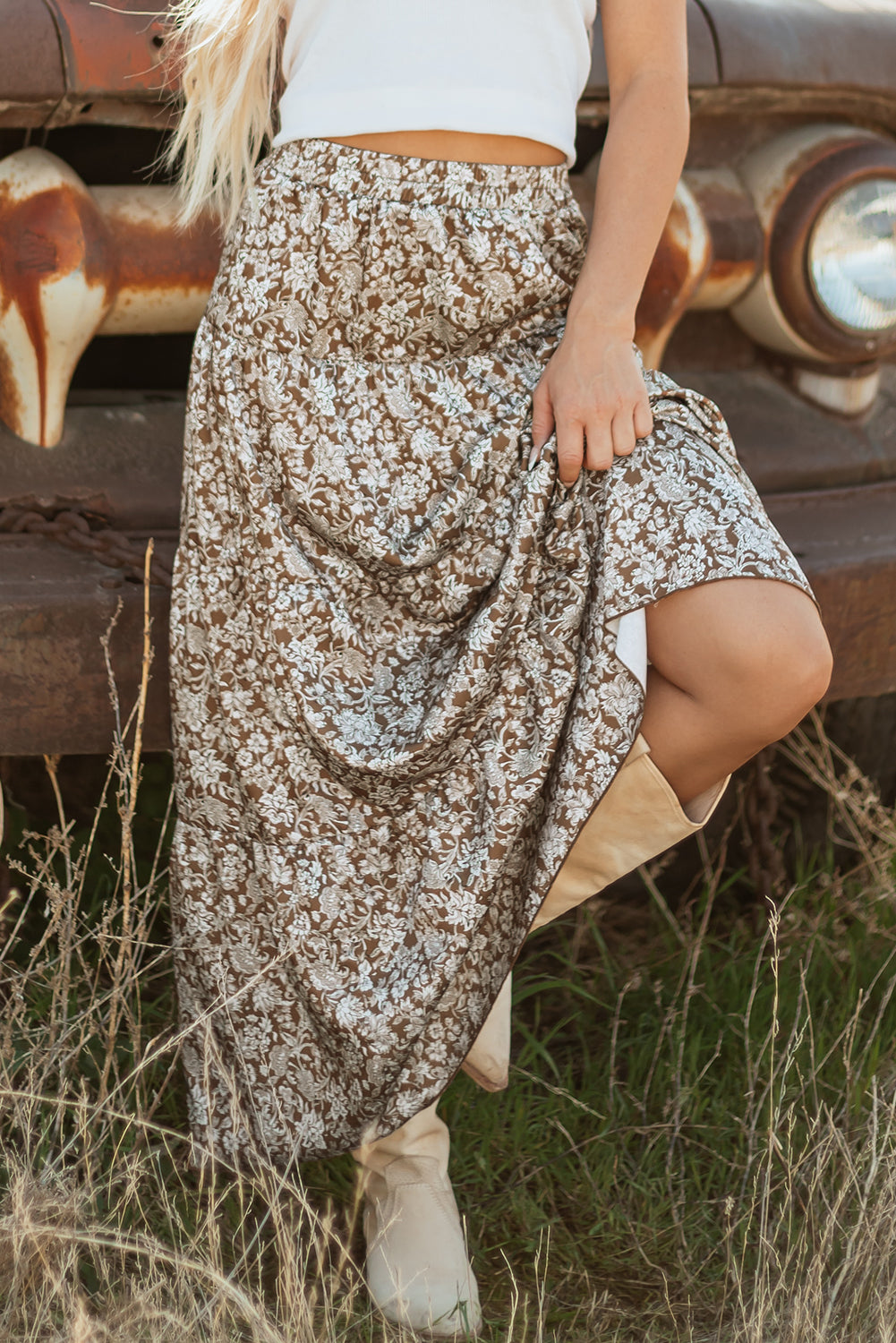 Brown Western Floral Print Ruffled Hem High Waist Loose Maxi Skirt