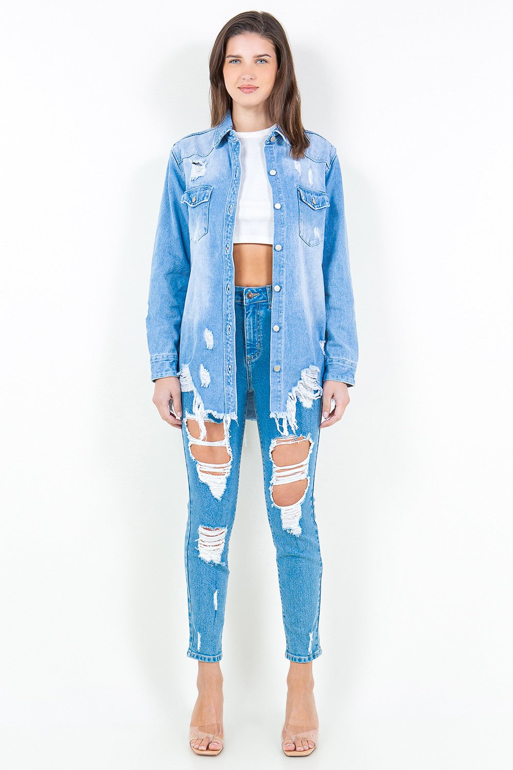 Blue Zone Planet | American Bazi Frayed Hem Distressed Denim Shirt Jacket BLUE ZONE PLANET