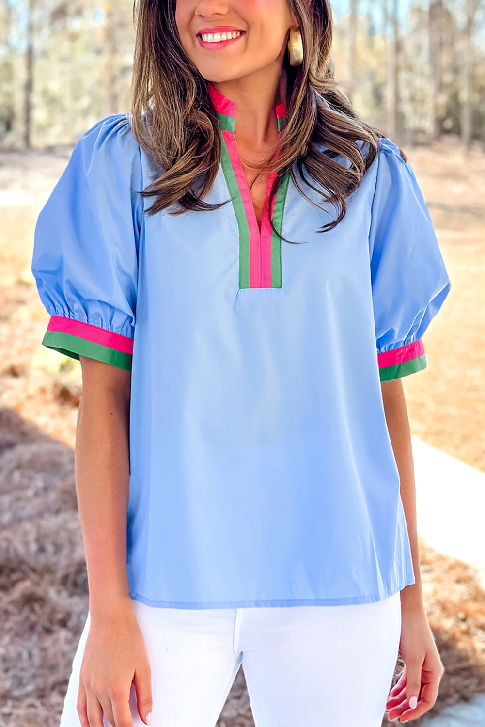 Sky Blue Contrast Striped V Neck Collision Short Puff Sleeve Blouse