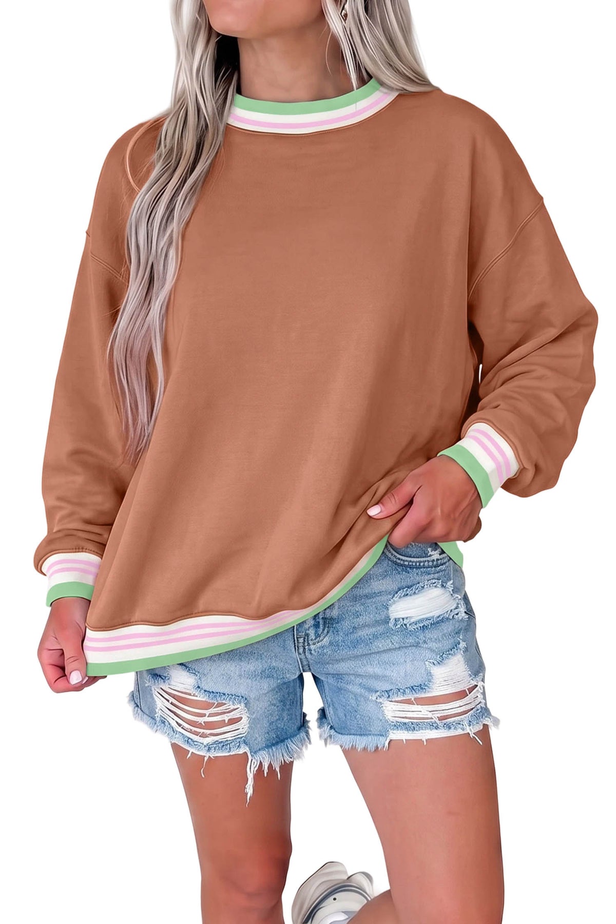 Bright Green Contrast Striped Trim Baggy Pullover Sweatshirt