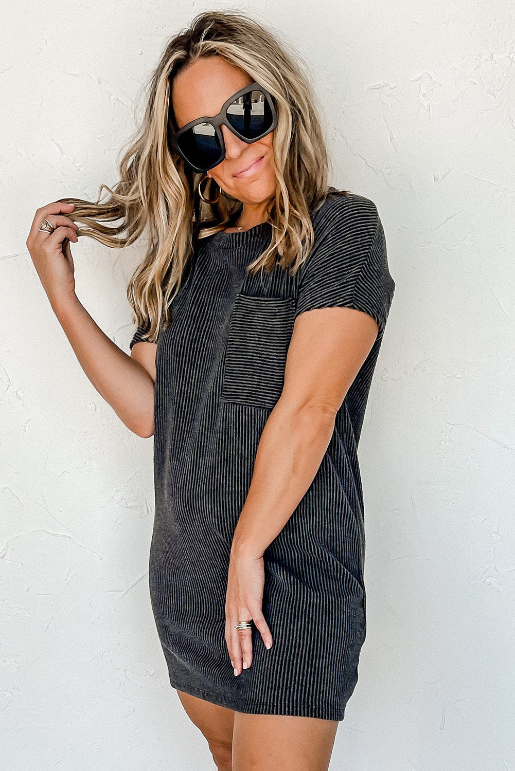 Blue Zone Planet | Gray Striped Ribbed Knit T-shirt Shift Dress Blue Zone Planet