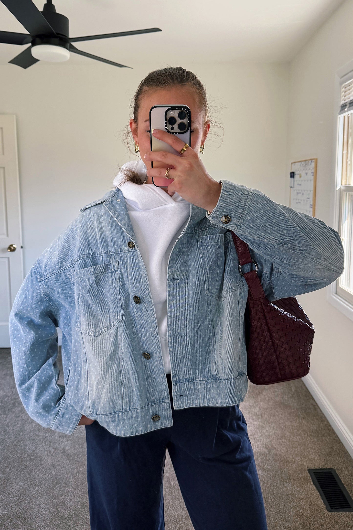 Sky Blue Polka Dot Long Sleeve Collar Pocket Casual Shift Silhouette Denim Jacket