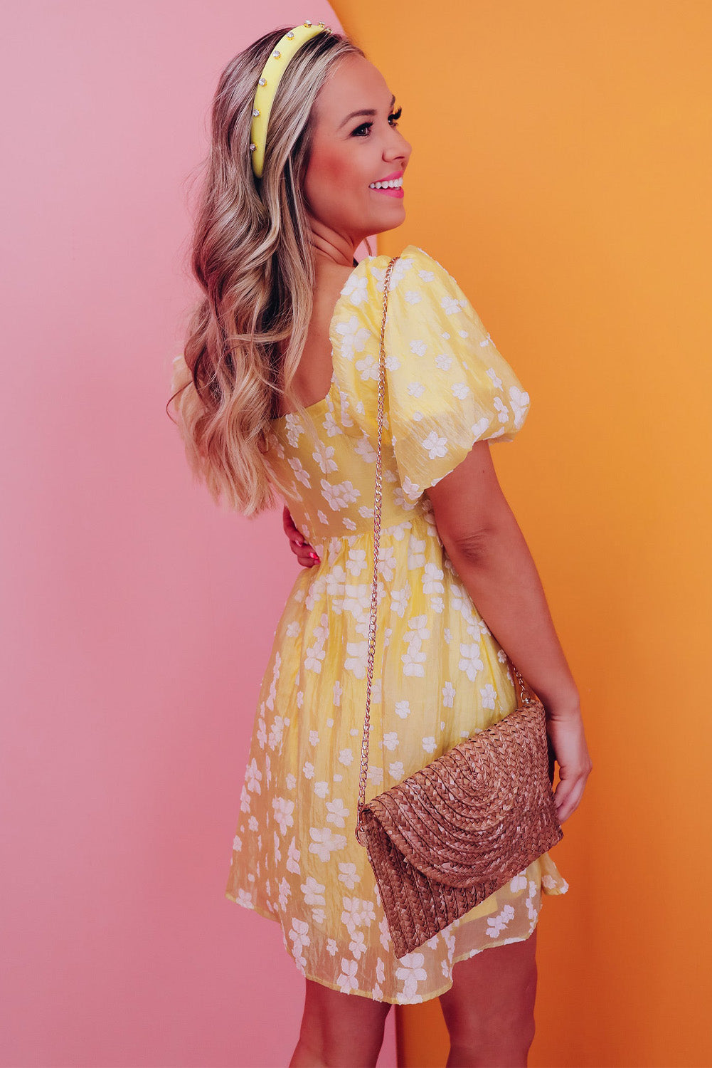 Yellow Boho Flower Jacquard Puff Sleeve Square Neck Mini Dress Blue Zone Planet