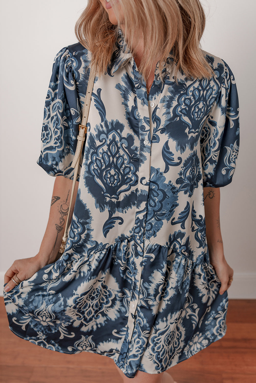 blue boho dress short White and Blue Floral Fit and Flare Mini Dress
