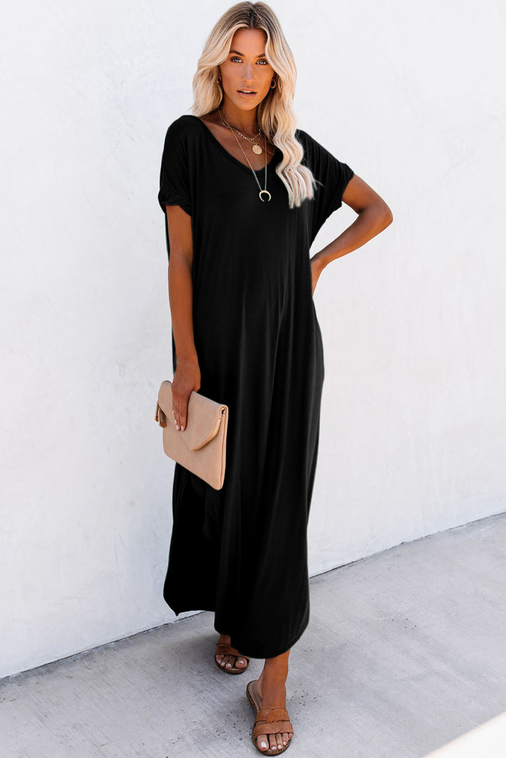 Blue Zone Planet | Black V Neck Hidden Pocket Splits Maxi T-shirt Dress Blue Zone Planet