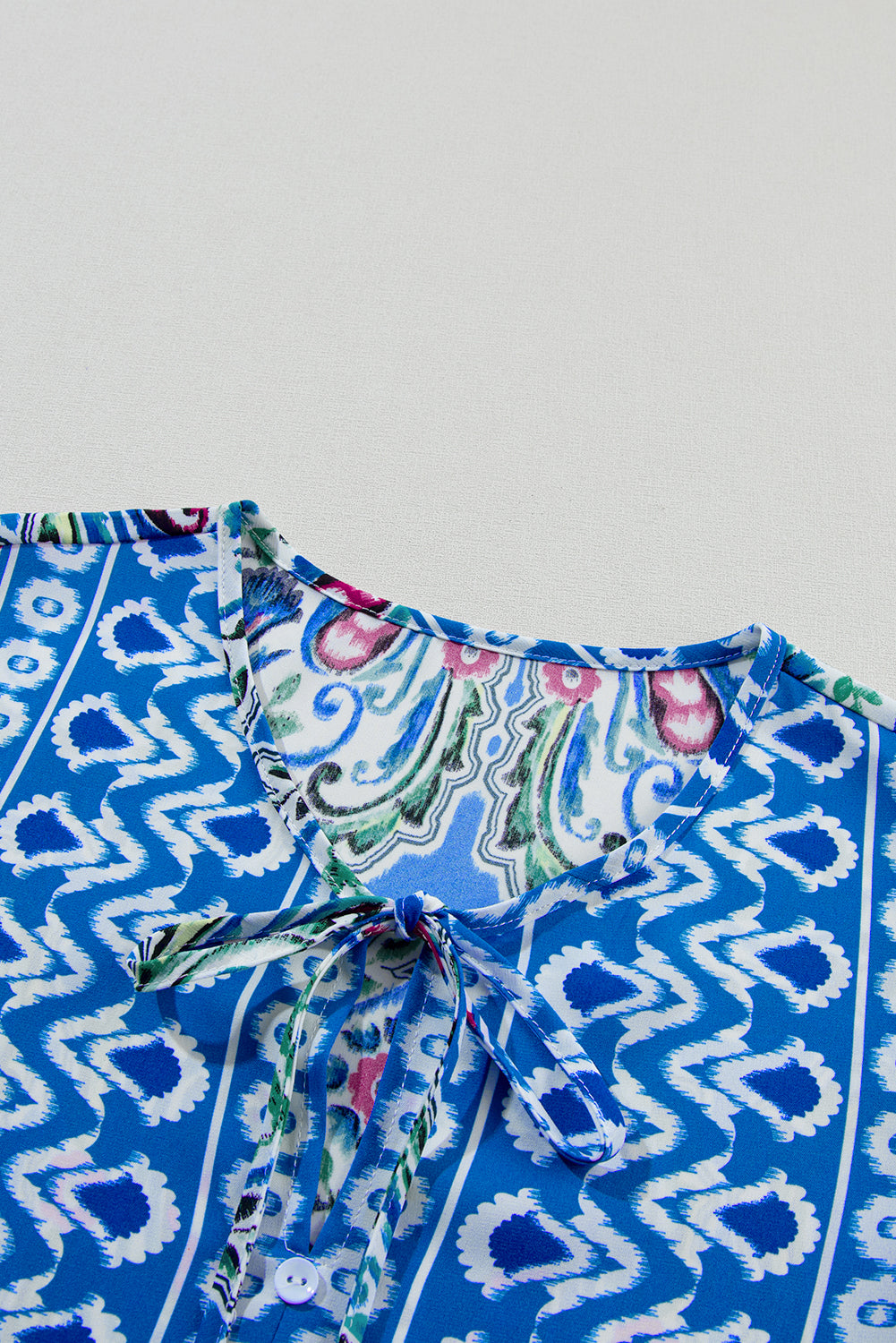 Blue Zone Planet | Sky Blue Bohemian Print Tie Neck Ruffle Hem Short Dress Blue Zone Planet