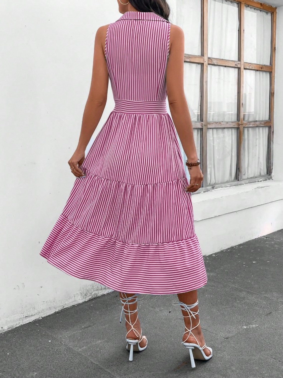 Striped Johnny Collar Sleeveless Midi Dress BLUE ZONE PLANET