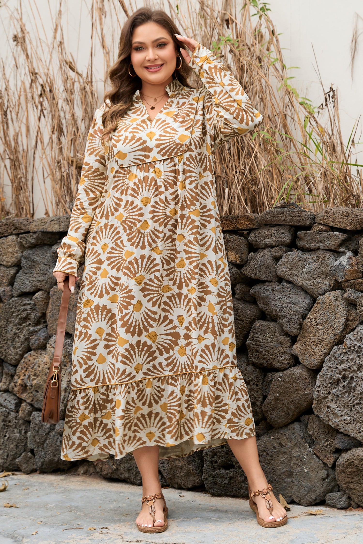 Khaki Abstract Plant Print Loose Plus Size Long Dress Blue Zone Planet Khaki Abstract Plant Print Loose Plus Size Long Dress Blue Zone Planet