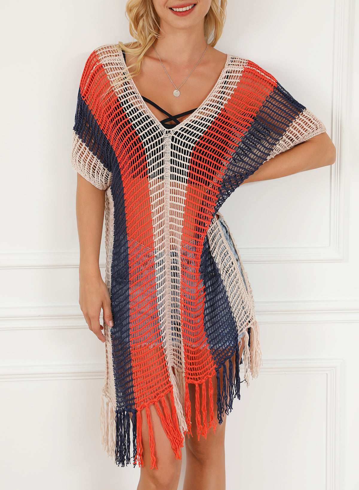 Blue Zone Planet | Multicolor Striped Tassel Crochet V Neck Beach Cover Up Blue Zone Planet