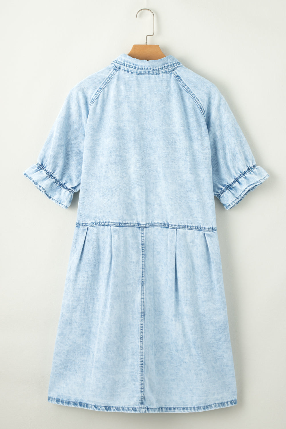 Blue Zone Planet |  Beau Blue Mineral Wash Ruffled Short Sleeve Buttoned Denim Dress Blue Zone Planet