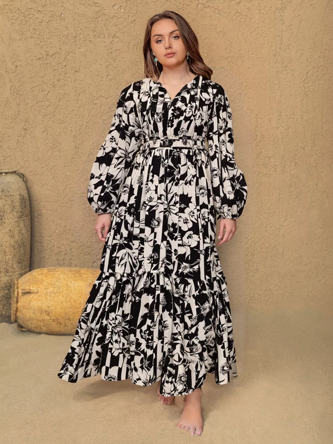 Plus Size Floral Print Balloon Sleeve Maxi Dress Black / 0xl Plus Size Floral Print Balloon Sleeve Maxi Dress Black / 0xl