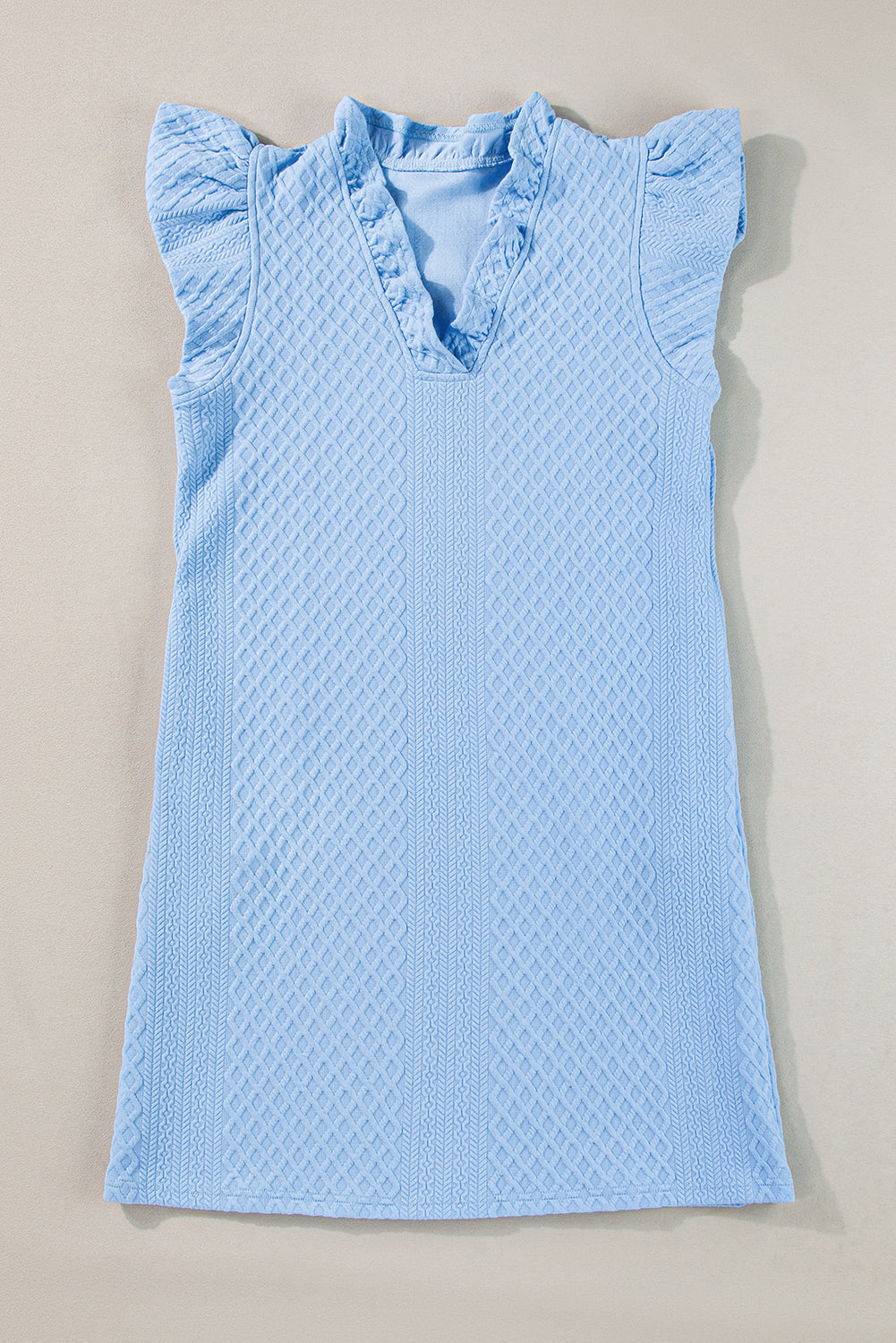 Light Blue Textured Puff Sleeve Ruffled V Neck Shift Mini Dress Blue Zone Planet