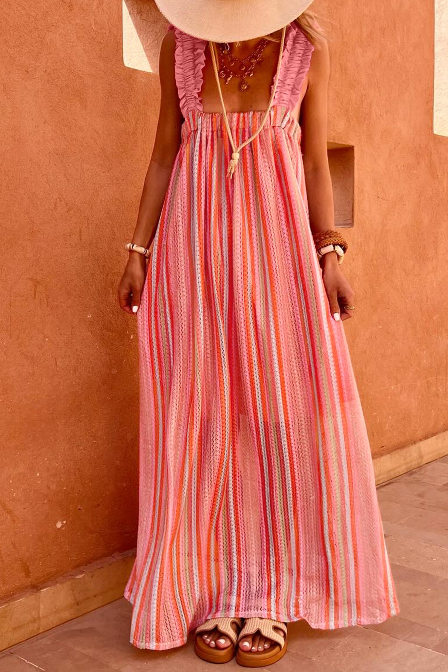 Pink Stripe Ruffled Straps Ribbon Knot Flowy Vacation Maxi Dress Pink Stripe Ruffled Straps Ribbon Knot Flowy Vacation Maxi Dress