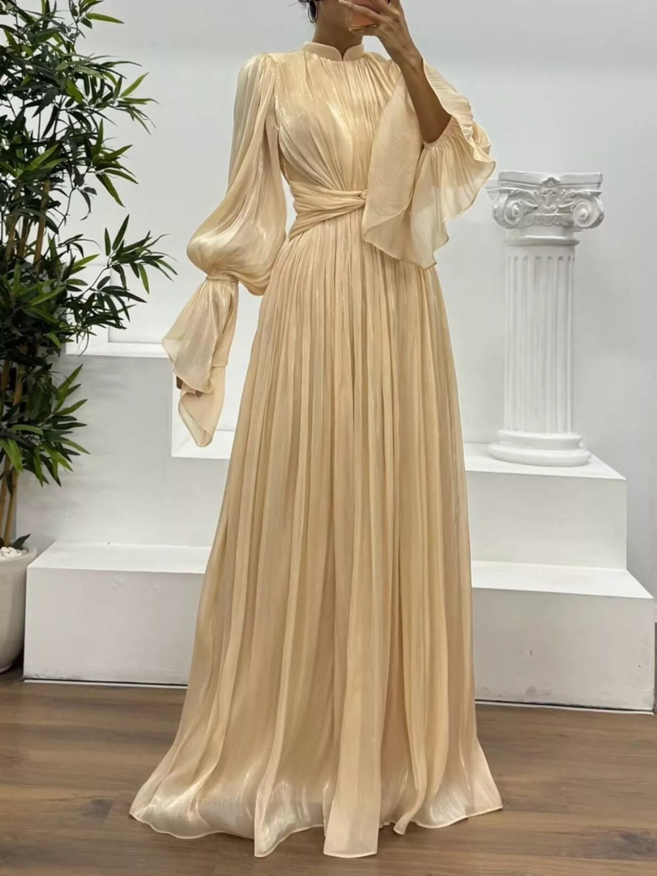 Laura's Pleated Mock Neck Long Sleeve Maxi Dress by Blue Zone Planet Laura's Pleated Mock Neck Long Sleeve Maxi Dress by Blue Zone Planet